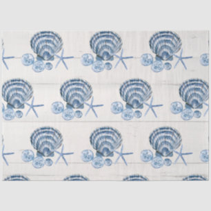 Coastal Starfish Beach Seashells Blue White Wood T Tissue Paper
