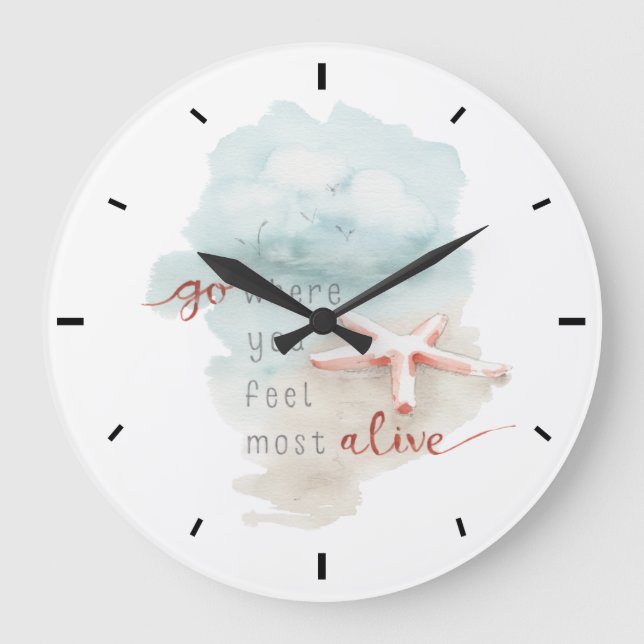 Coastal Starfish Beach Watercolor Quote Large Clock (Front)