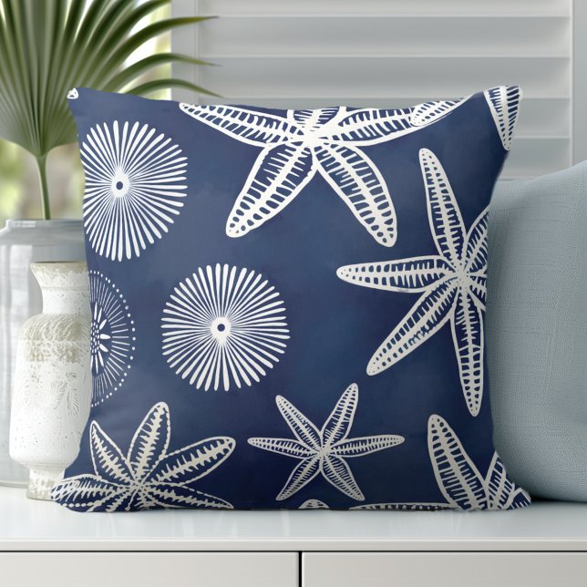 Coastal Starfish Blue White Throw Pillow (Transform Your Room with Coastal Throw Pillows.)