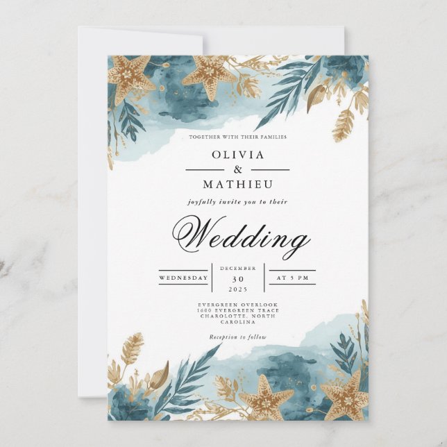 Coastal Starfish Botanical Wedding Invitation (Front)