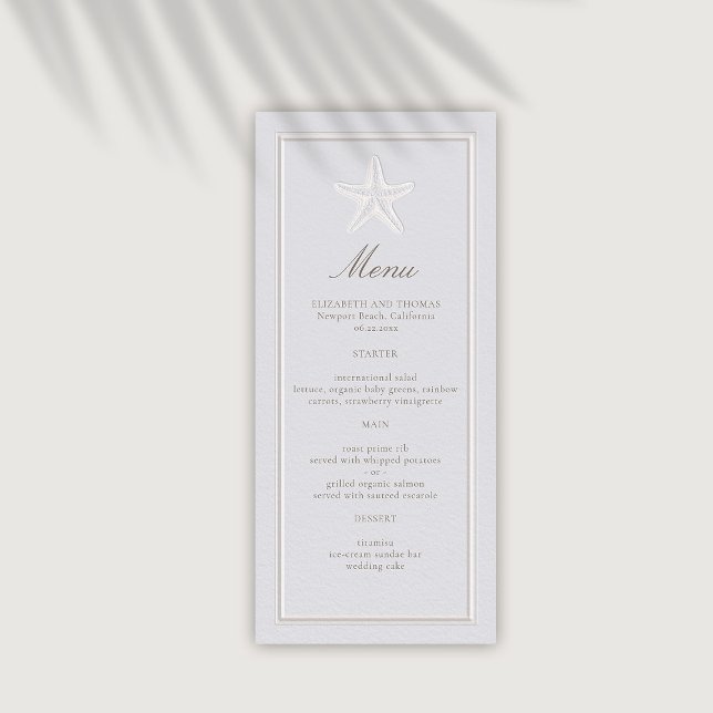 Coastal Starfish Faux Embossed Formal Wedding Menu (coastal wedding menu classic formal traditional frame faux embossed starfish nautical beach)