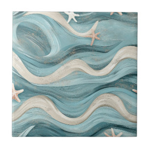 Coastal Starfish on Aqua Sand Waves Pattern (10) Ceramic Tile