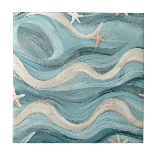 Coastal Starfish on Aqua Sand Waves Pattern (10) Ceramic Tile (Front)