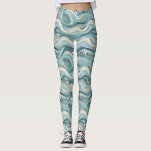 Coastal Starfish on Aqua Sand Waves Pattern (10) Leggings