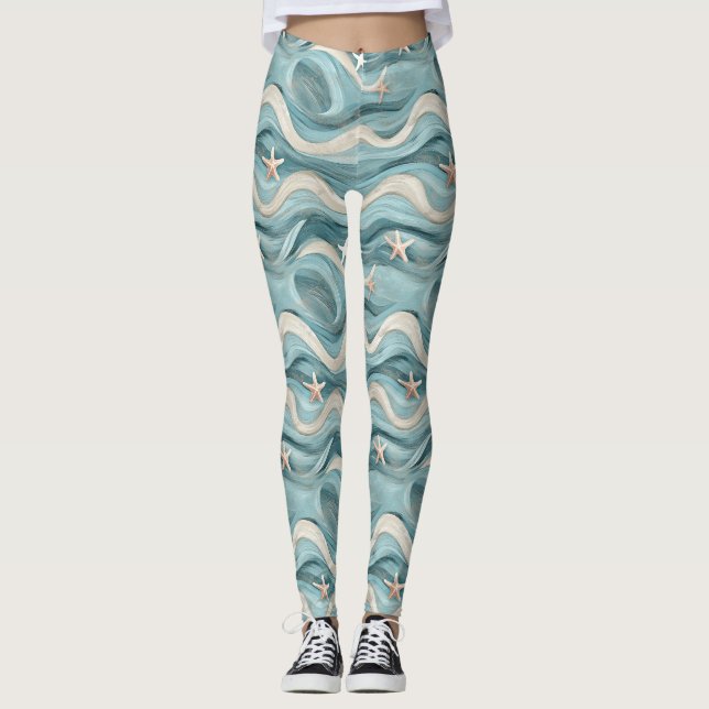Coastal Starfish on Aqua Sand Waves Pattern (10) Leggings (Front)