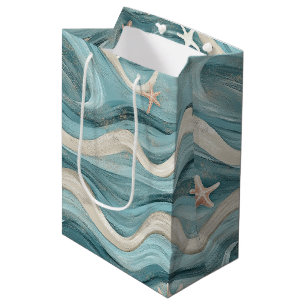 Coastal Starfish on Aqua Sand Waves Pattern (10) Medium Gift Bag