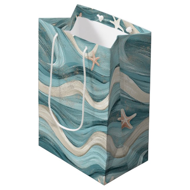 Coastal Starfish on Aqua Sand Waves Pattern (10) Medium Gift Bag (Front Angled)