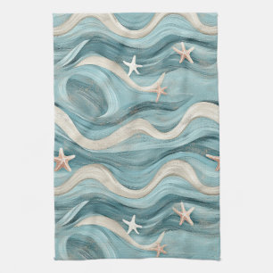 Coastal Starfish on Aqua Sand Waves Pattern (10) Tea Towel