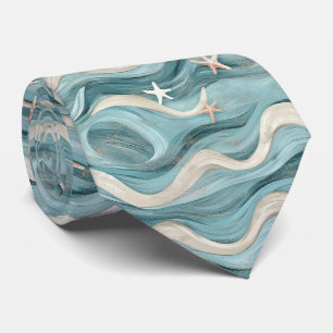 Coastal Starfish on Aqua Sand Waves Pattern (10) Tie