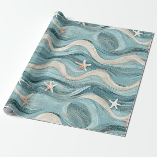 Coastal Starfish on Aqua Sand Waves Pattern (10) Wrapping Paper