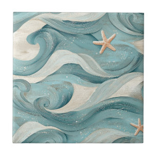 Coastal Starfish on Aqua Sand Waves Pattern (11) Ceramic Tile