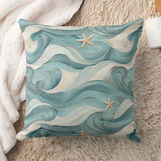 Coastal Starfish on Aqua Sand Waves Pattern (11) Cushion (Blanket)