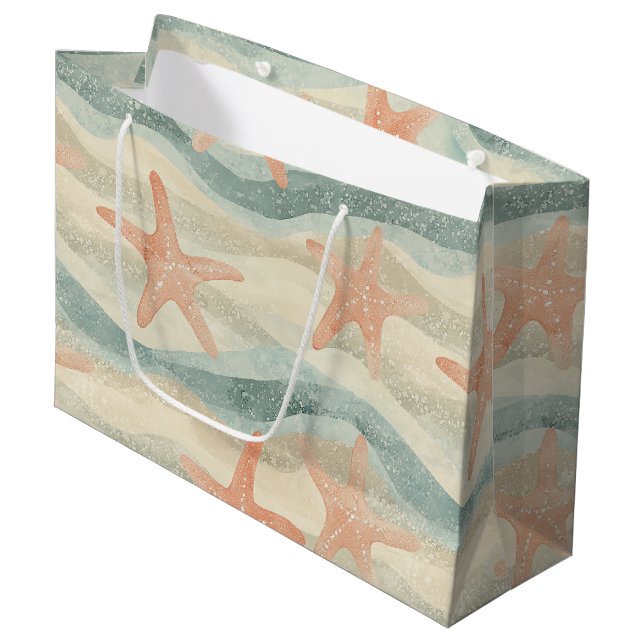 Coastal Starfish on Aqua Sand Waves Pattern (1) Large Gift Bag (Front Angled)