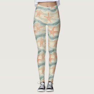 Coastal Starfish on Aqua Sand Waves Pattern (1) Leggings
