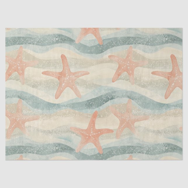 Coastal Starfish on Aqua Sand Waves Pattern (1) Tissue Paper (Front)