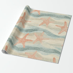 Coastal Starfish on Aqua Sand Waves Pattern (1) Wrapping Paper