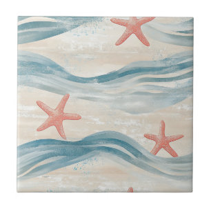 Coastal Starfish on Aqua Sand Waves Pattern (2) Ceramic Tile