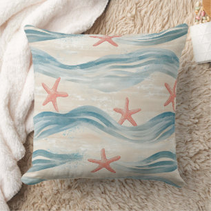 Coastal Starfish on Aqua Sand Waves Pattern (2) Cushion