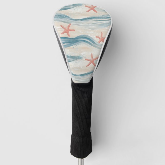 Coastal Starfish on Aqua Sand Waves Pattern (2) Golf Head Cover (Front)