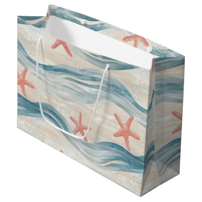 Coastal Starfish on Aqua Sand Waves Pattern (2) Large Gift Bag (Front Angled)