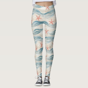 Coastal Starfish on Aqua Sand Waves Pattern (2) Leggings
