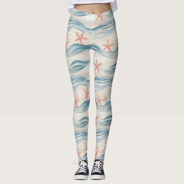 Coastal Starfish on Aqua Sand Waves Pattern (2) Leggings (Front)