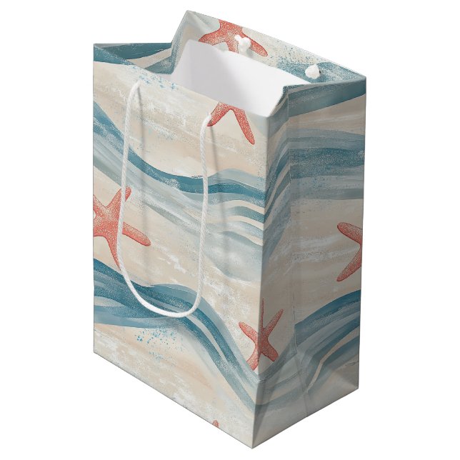 Coastal Starfish on Aqua Sand Waves Pattern (2) Medium Gift Bag (Front Angled)