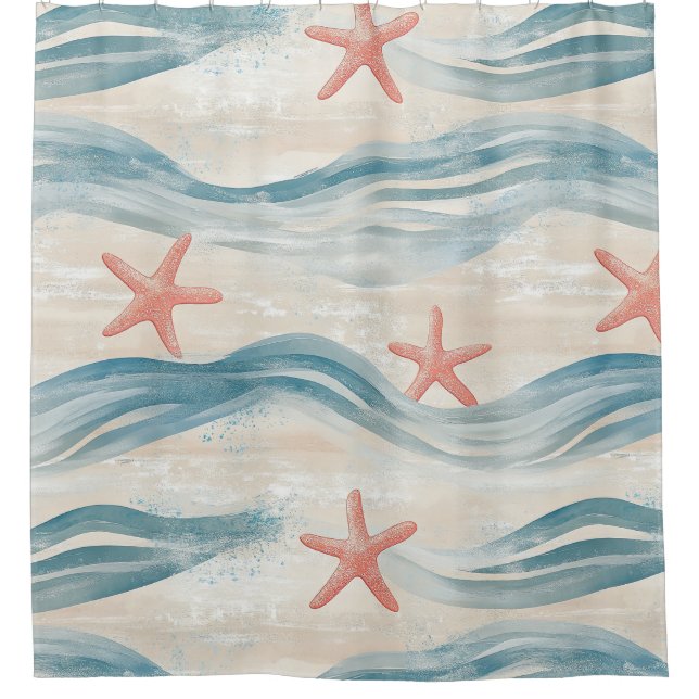 Coastal Starfish on Aqua Sand Waves Pattern (2) Shower Curtain (Front)