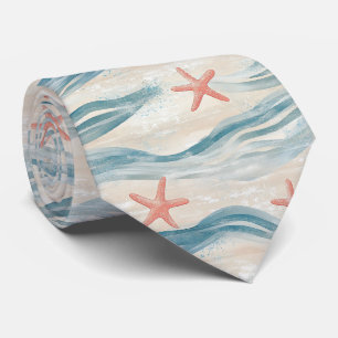 Coastal Starfish on Aqua Sand Waves Pattern (2) Tie