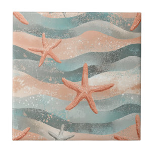 Coastal Starfish on Aqua Sand Waves Pattern (3) Ceramic Tile
