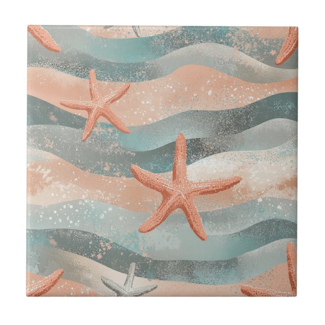 Coastal Starfish on Aqua Sand Waves Pattern (3) Ceramic Tile (Front)