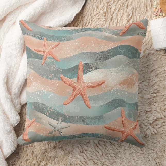 Coastal Starfish on Aqua Sand Waves Pattern (3) Cushion (Blanket)