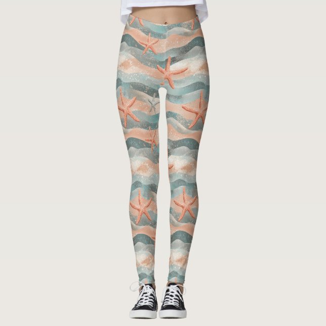 Coastal Starfish on Aqua Sand Waves Pattern (3) Leggings (Front)