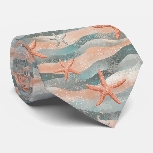 Coastal Starfish on Aqua Sand Waves Pattern (3) Tie (Rolled)