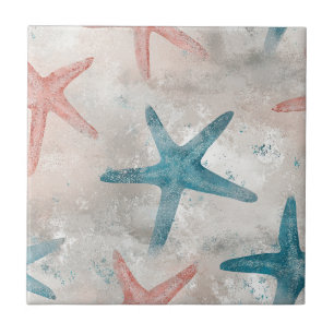 Coastal Starfish on Aqua Sand Waves Pattern (4) Ceramic Tile