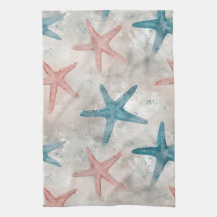 Coastal Starfish on Aqua Sand Waves Pattern (4) Tea Towel