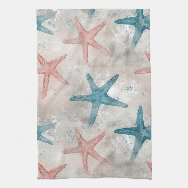 Coastal Starfish on Aqua Sand Waves Pattern (4) Tea Towel (Vertical)