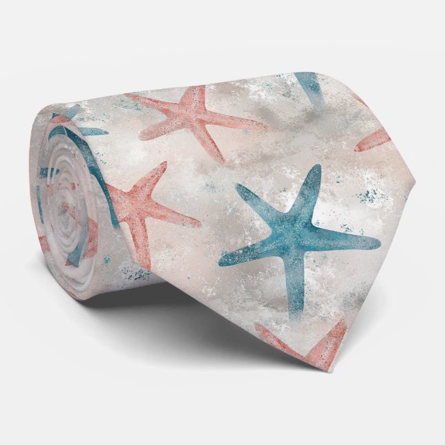 Coastal Starfish on Aqua Sand Waves Pattern (4) Tie (Rolled)