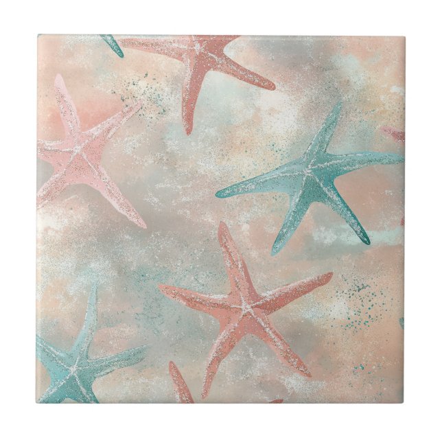 Coastal Starfish on Aqua Sand Waves Pattern (5) Ceramic Tile (Front)