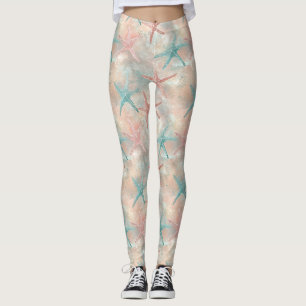 Coastal Starfish on Aqua Sand Waves Pattern (5) Leggings