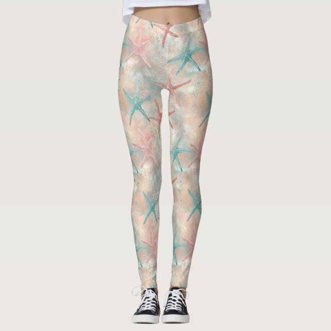 Coastal Starfish on Aqua Sand Waves Pattern (5) Leggings (Front)