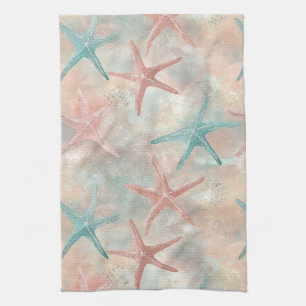Coastal Starfish on Aqua Sand Waves Pattern (5) Tea Towel