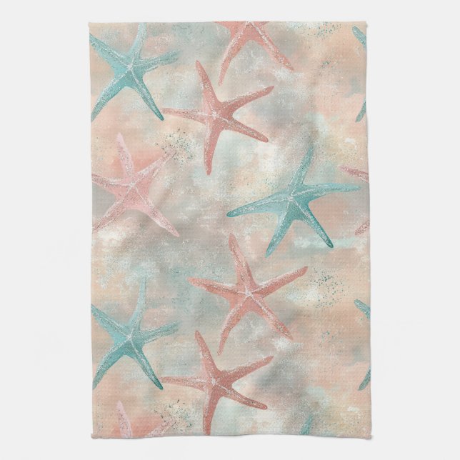 Coastal Starfish on Aqua Sand Waves Pattern (5) Tea Towel (Vertical)