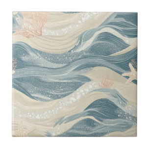 Coastal Starfish on Aqua Sand Waves Pattern (6) Ceramic Tile