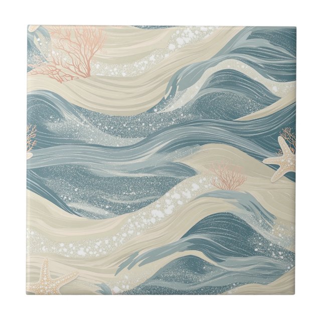 Coastal Starfish on Aqua Sand Waves Pattern (6) Ceramic Tile (Front)