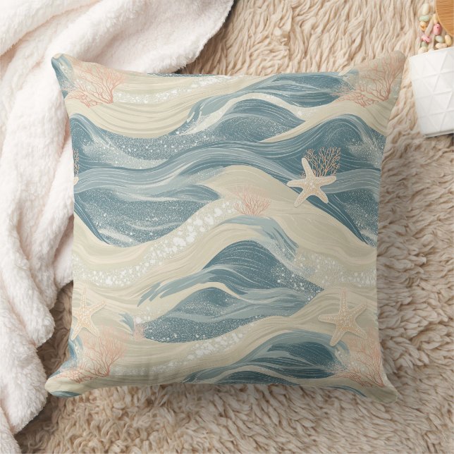 Coastal Starfish on Aqua Sand Waves Pattern (6) Cushion (Blanket)