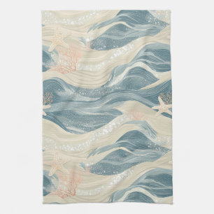 Coastal Starfish on Aqua Sand Waves Pattern (6) Tea Towel