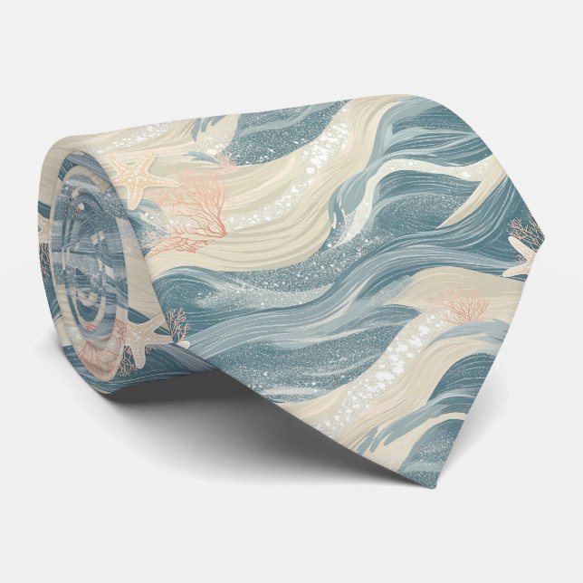 Coastal Starfish on Aqua Sand Waves Pattern (6) Tie (Rolled)