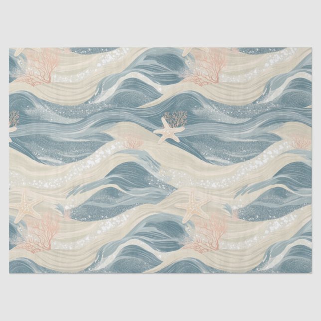 Coastal Starfish on Aqua Sand Waves Pattern (6) Tissue Paper (Front)