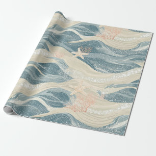Coastal Starfish on Aqua Sand Waves Pattern (6) Wrapping Paper